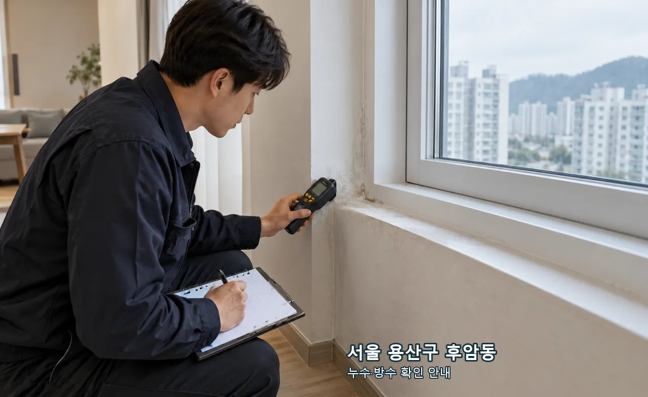 서울 용산구 후암동 실내 창 주변 수분 흔적을 측정하고 기록하는 예시