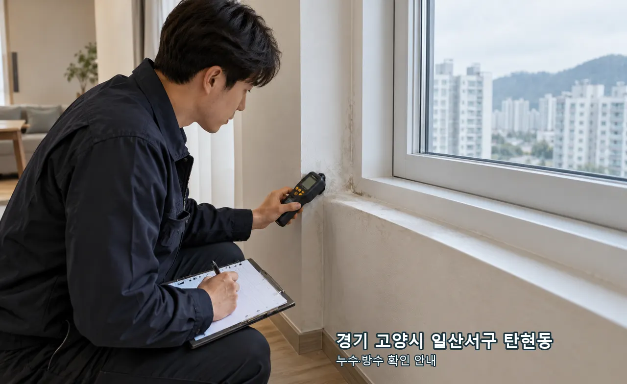 경기 고양시 일산서구 탄현동 실내 창 주변 수분 흔적을 측정하고 기록하는 예시
