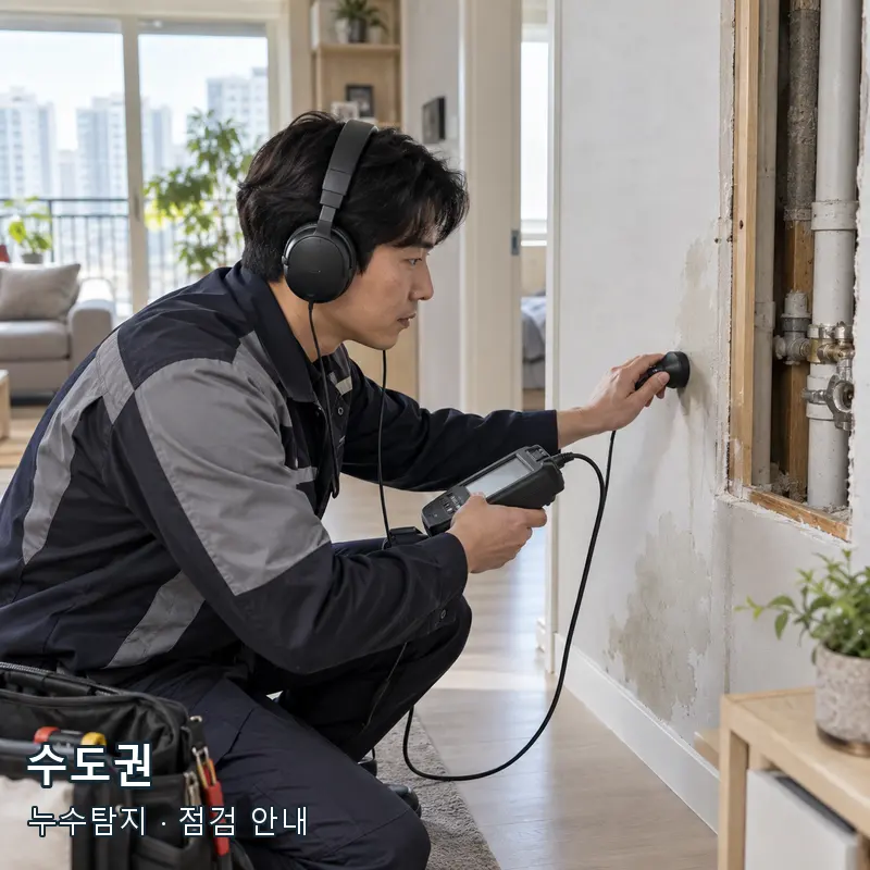 수도권 벽과 바닥의 누수 의심 위치를 청음 장비로 살펴보는 예시