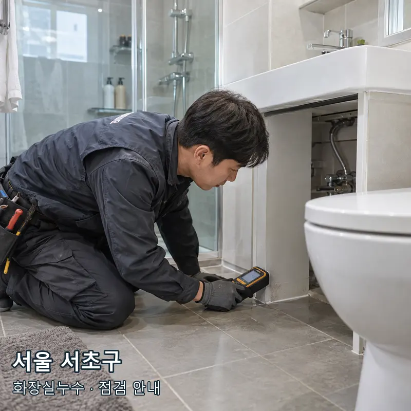 서울 서초구 욕실 바닥과 배관 주변의 수분 상태를 확인하는 예시