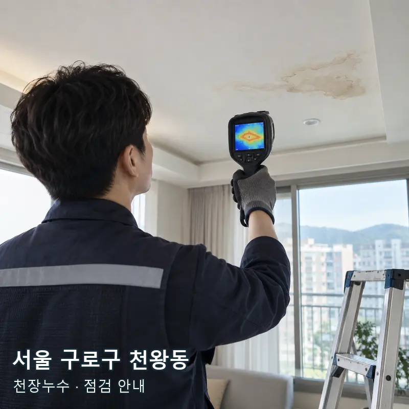 서울 구로구 천왕동 천장 얼룩 주변을 열화상 장비로 확인하는 예시
