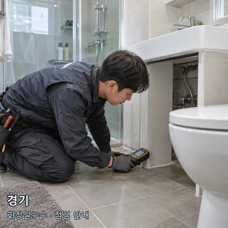 경기 욕실 바닥과 배관 주변의 수분 상태를 확인하는 예시