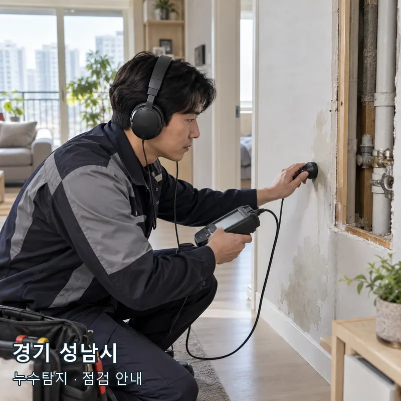 경기 성남시 벽과 바닥의 누수 의심 위치를 청음 장비로 살펴보는 예시