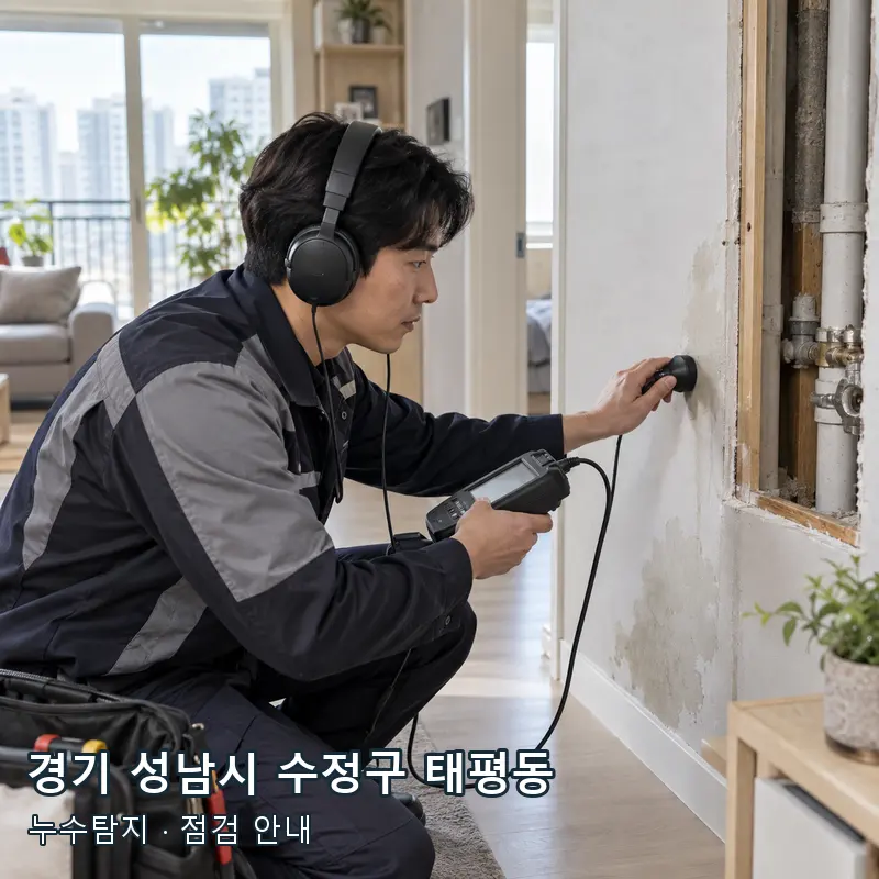 경기 성남시 수정구 태평동 벽과 바닥의 누수 의심 위치를 청음 장비로 살펴보는 예시