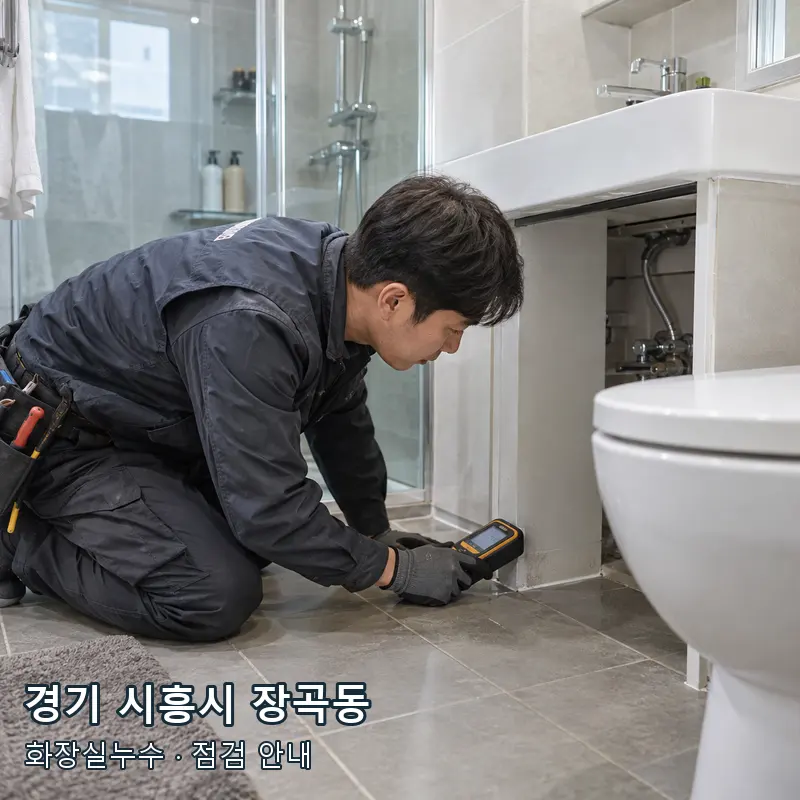경기 시흥시 장곡동 욕실 바닥과 배관 주변의 수분 상태를 확인하는 예시