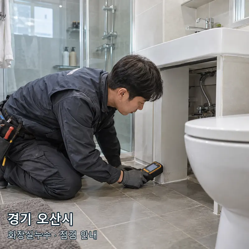 경기 오산시 욕실 바닥과 배관 주변의 수분 상태를 확인하는 예시