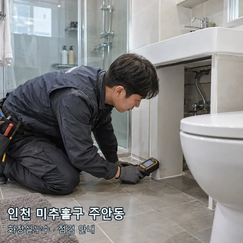 인천 미추홀구 주안동 욕실 바닥과 배관 주변의 수분 상태를 확인하는 예시